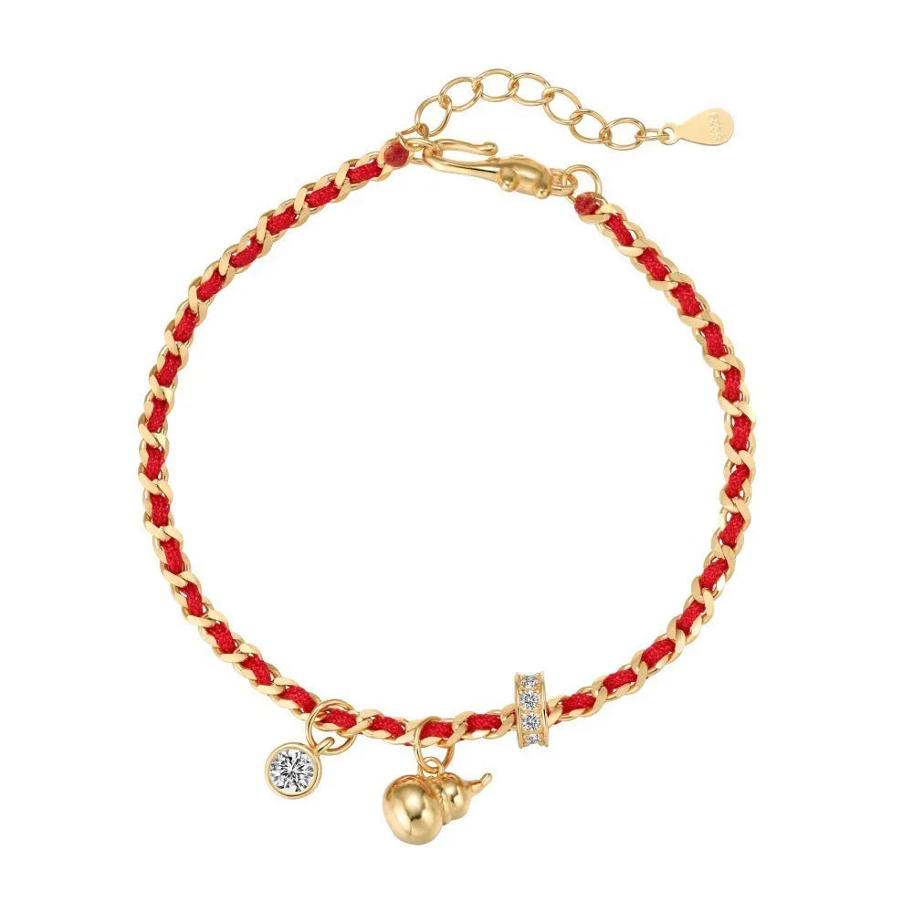New Chinese style 925 sterling silver bracelet women woven red rope hexagon gold colour