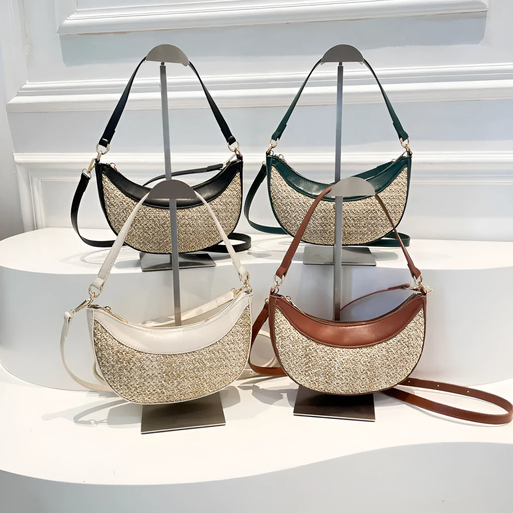 Straw dumpling-shaped crossbody bag with sandwich pocket in black, green, brown or white colour options