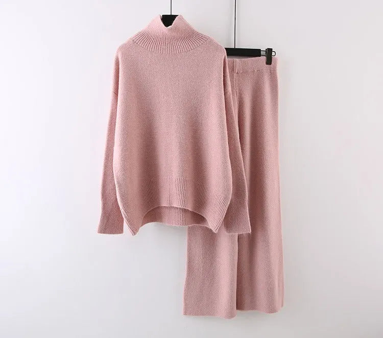 Women's beige acrylic fibre sweater and wide-leg pants two-piece casual set