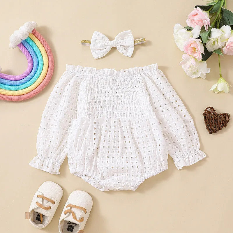 baby girl cotton mesh smocking long sleeve off shoulder two piece set apricot white 60-90cm