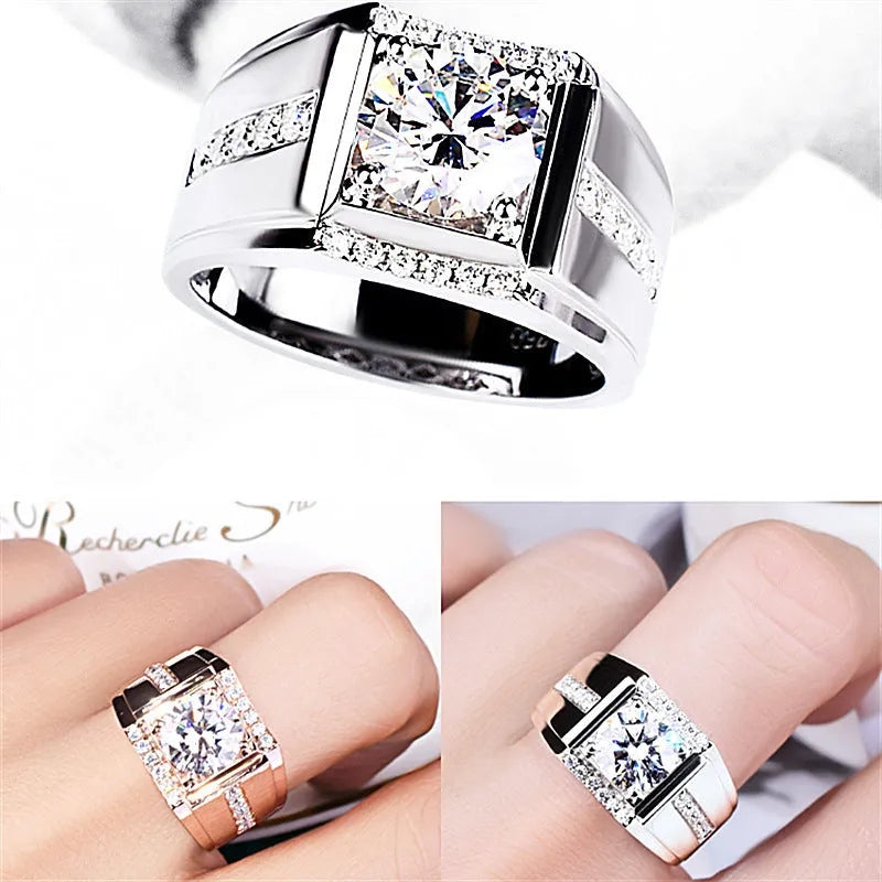 Men's geometric adjustable copper ring with high-carbon diamond zircon stones in an electroplated finish.