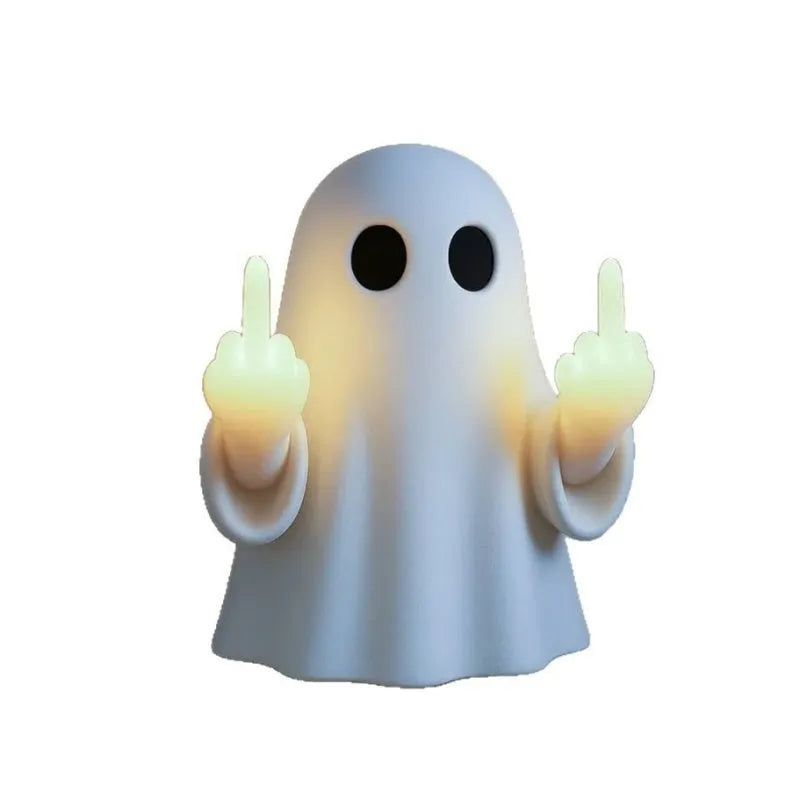 White Halloween ghost night lamp with cute statue design on black background