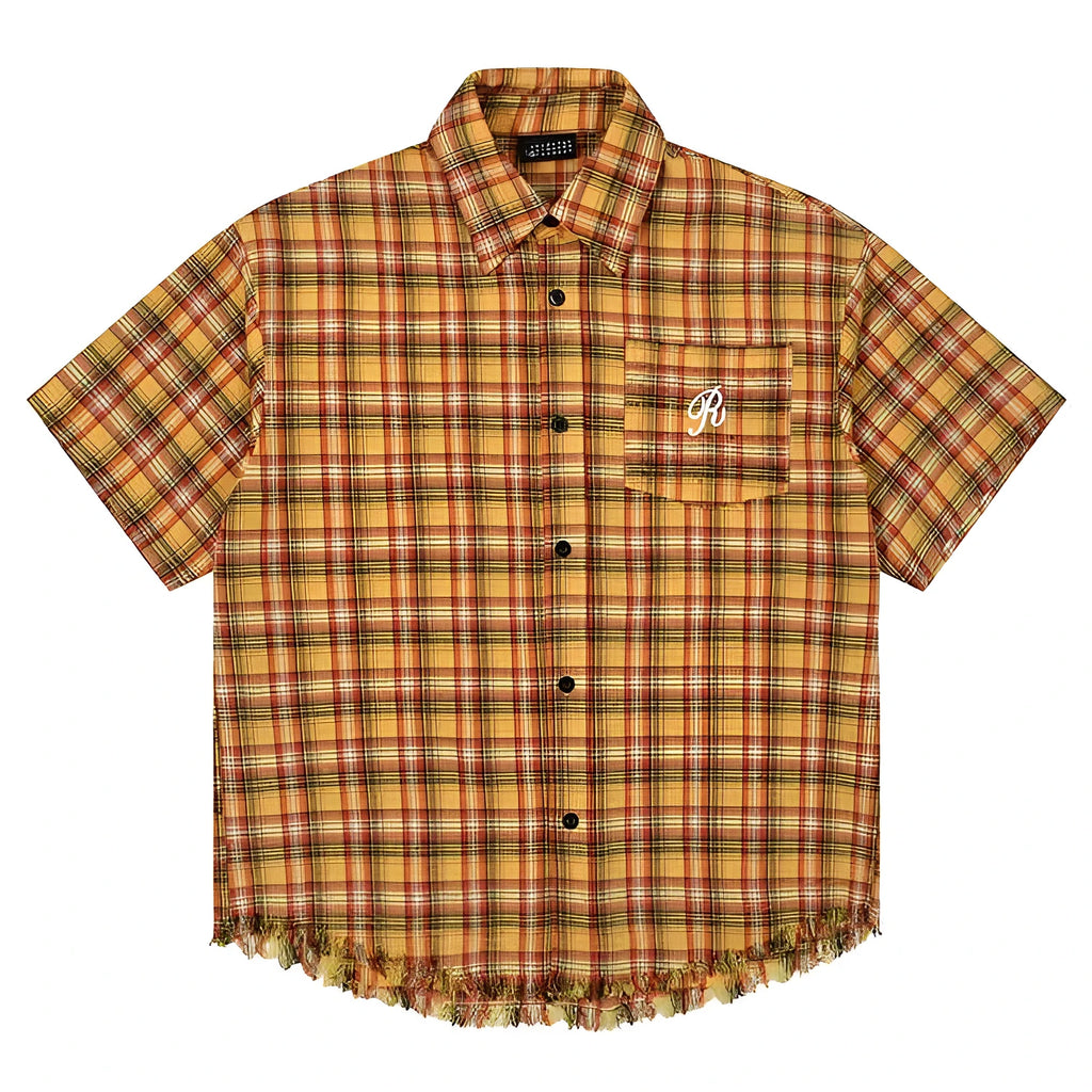 Yellow plaid short sleeve button-up shirt with chest pocket, loose fit unisex design