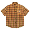 Yellow plaid short sleeve button-up shirt with chest pocket, loose fit unisex design