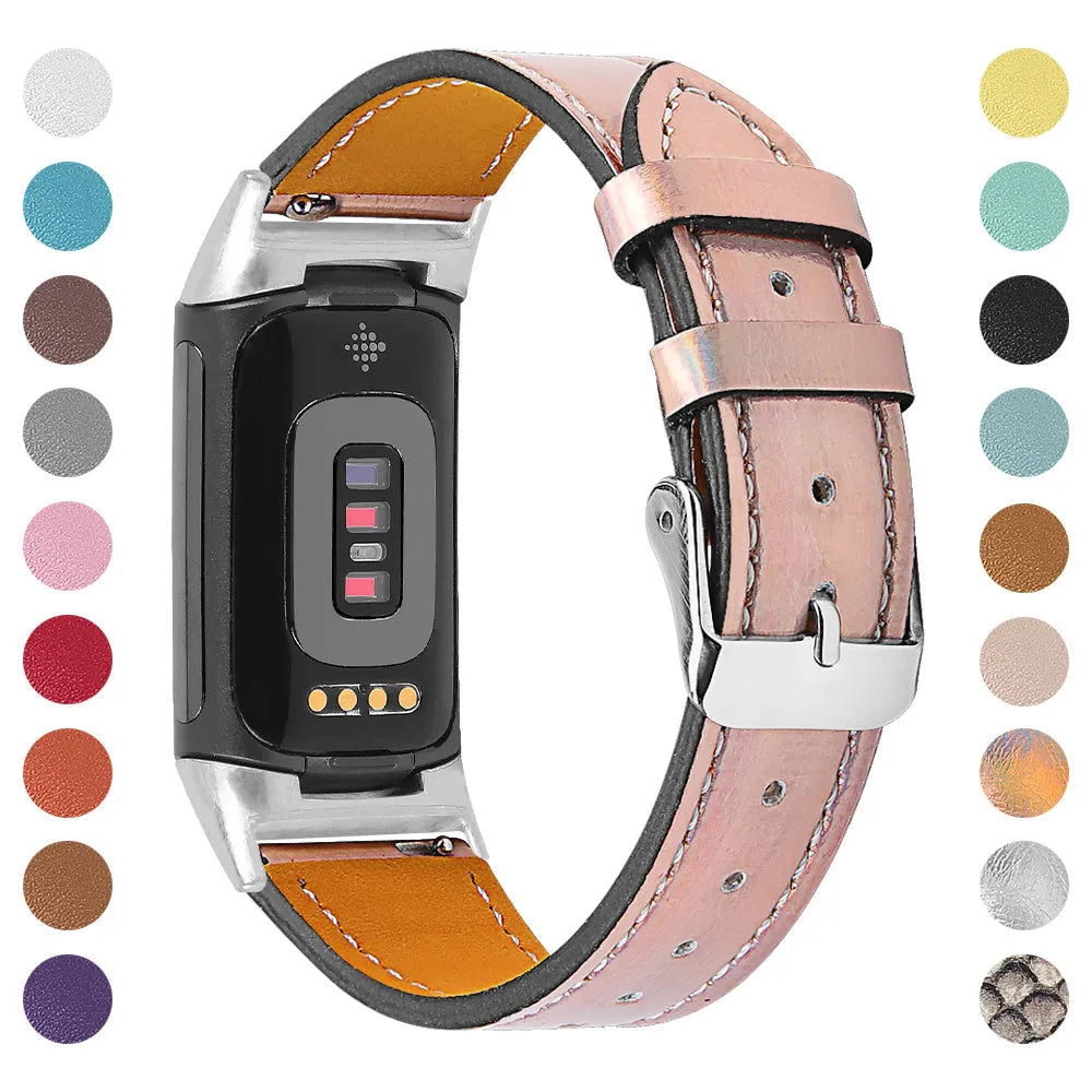 Genuine cowhide leather strap for Fitbit Charge 5 and Charge 6 smartwatch in multiple colour options.