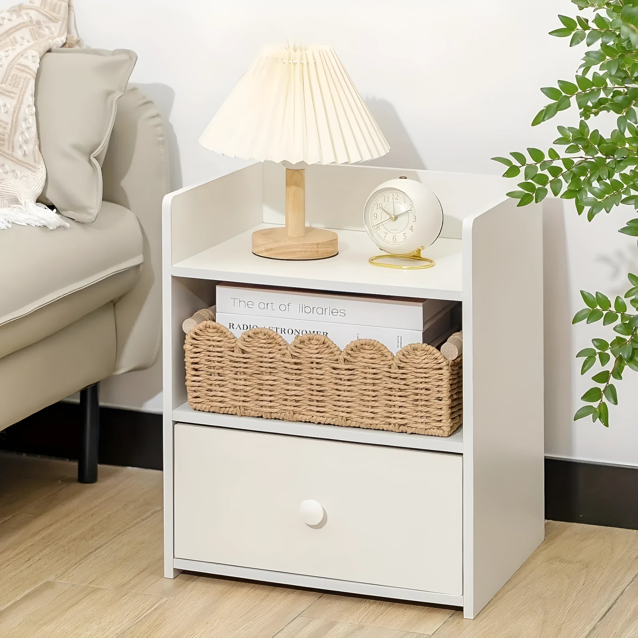 Woven paper storage basket measuring 35.5cm x 16cm x 10cm in khaki colour on desktop