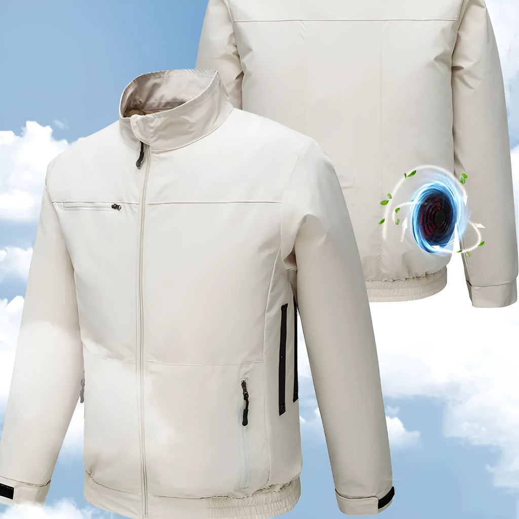 Man's black cooling work jacket with chest ventilation holes for a fan on a mannequin.