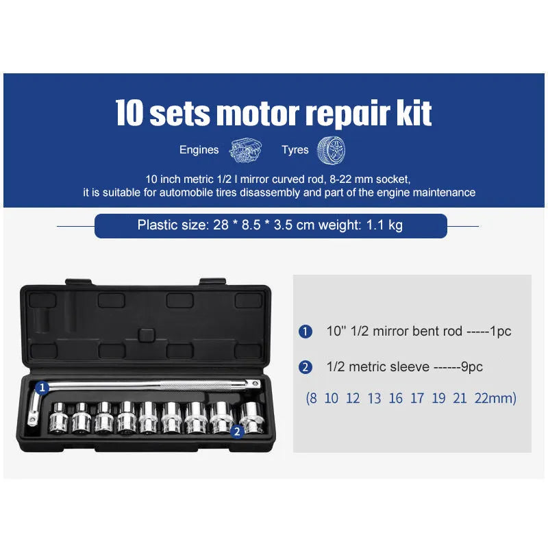 Chrome vanadium steel socket ratchet wrench set in a storage box for home and auto repair.