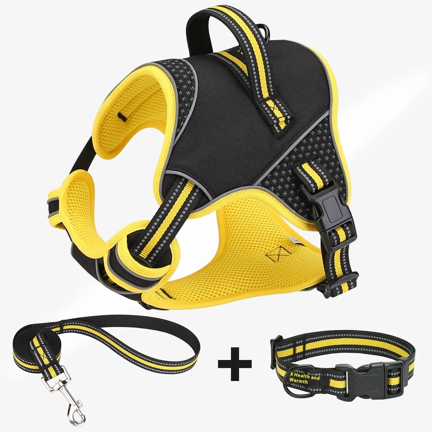 Yellow or orange polyester dog harness with traction strap for outdoor training control