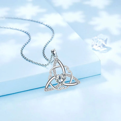 Women's Celtic knot necklace with geometric copper pendant in electroplated finish