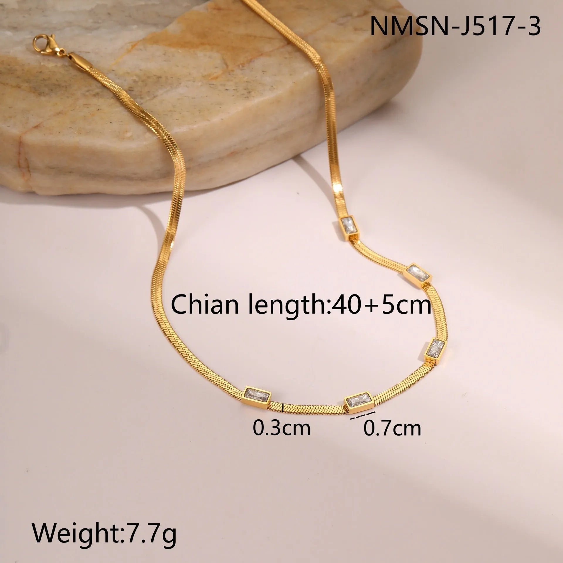 Geometric square zircon stainless steel necklace with flat snake chain in gold or steel colour