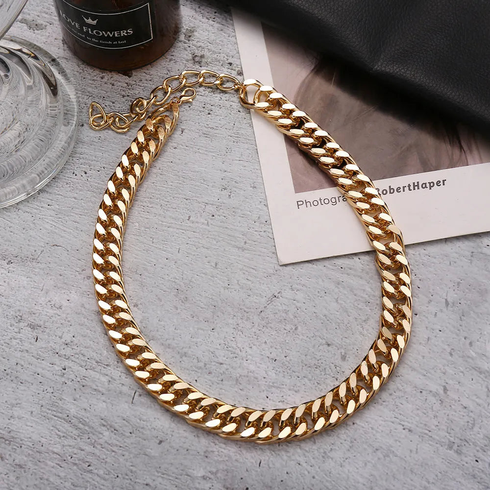 Women's thick gold electroplated chain necklace showing 6cm width links
