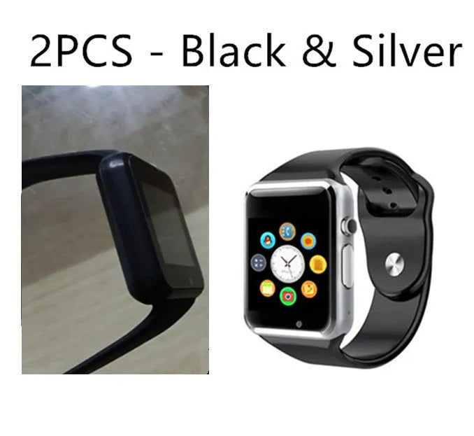 A1 Smart Watch with 1.54 inch touchscreen display showing interface, GSM SIM slot, and camera lens