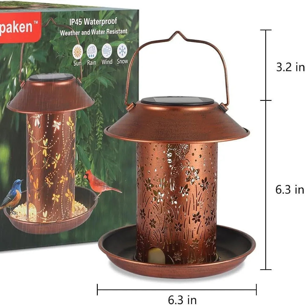 Solar-powered iron art bird feeder lamp with hummingbird pattern design for outdoor garden use