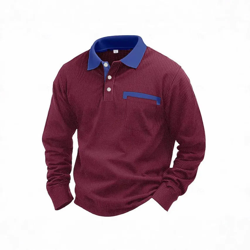 Men's long-sleeved waffle polo shirt in solid colour with asymmetric design details