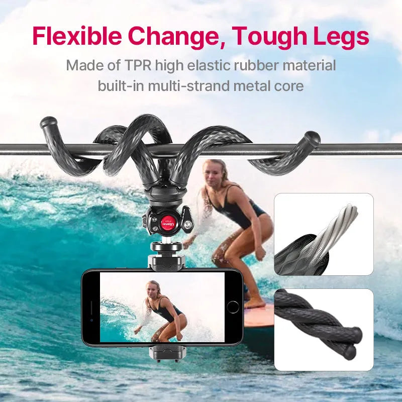 Black octopus-style flexible tripod with mobile phone clip extended to 360mm length.