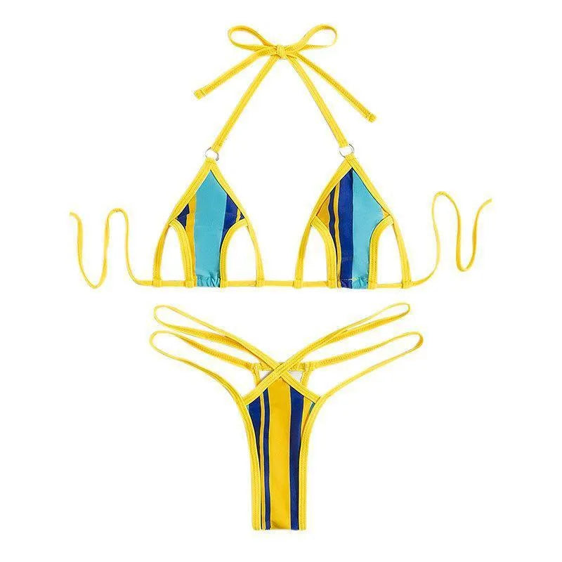 Yellow women's neck-hanging split swimsuit with backless design and high-waist shorts.