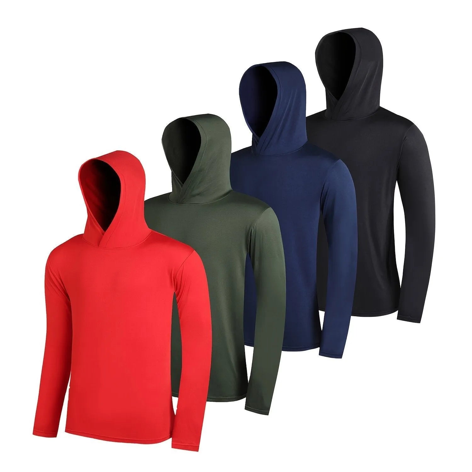 Pack of four men's lightweight hoodies in elastic polyester fibre, shown in various colours.