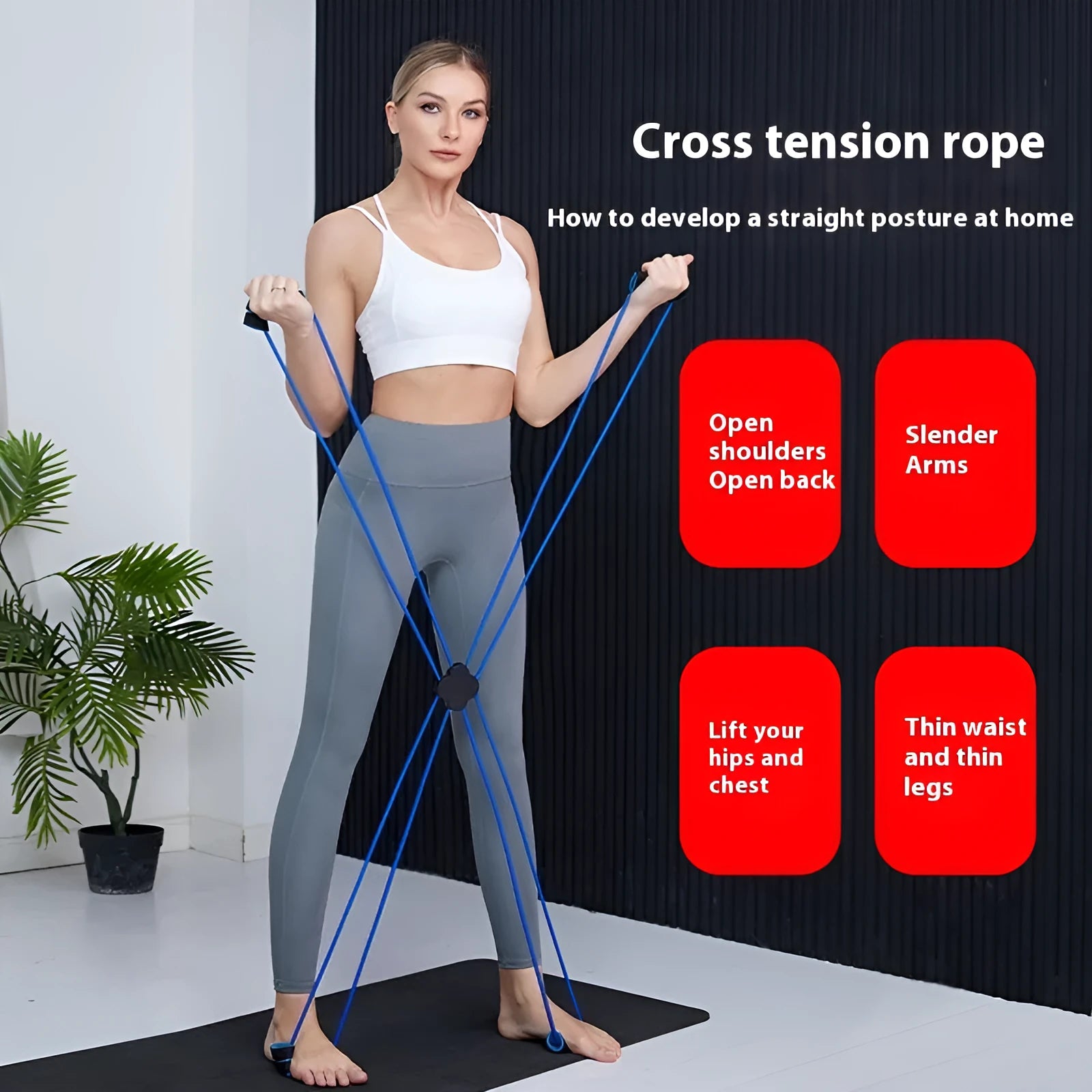 Blue and red eight character shoulder puller with cross tension device for female fitness training