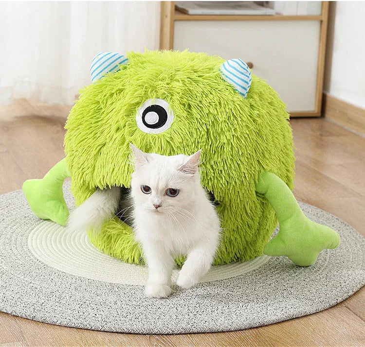 Round fluffy pet bed for cats with soft plush fabric and non-slip rubber bottom in three size options