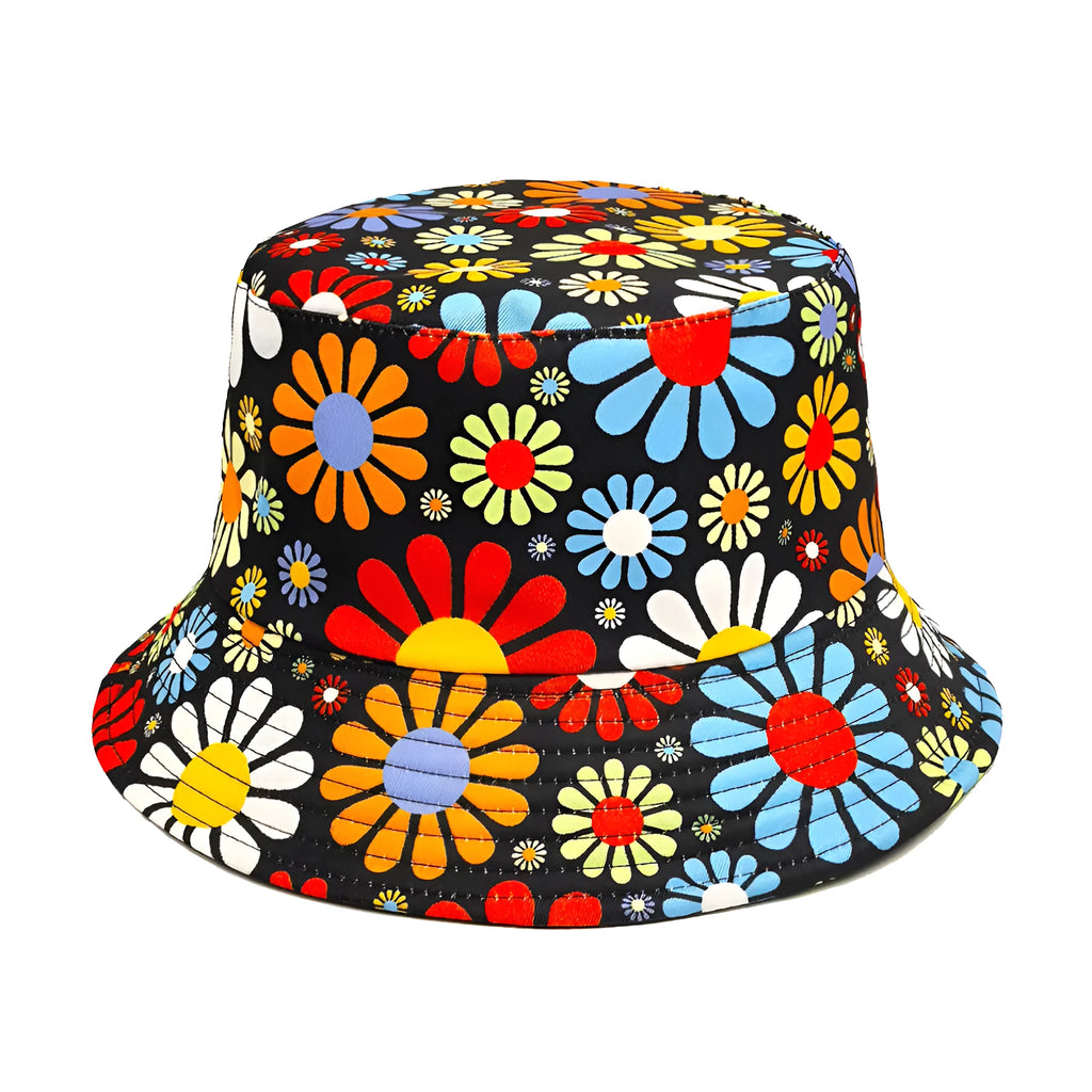 Floral print polyester bucket hat with dome crown in medium size 56-58cm