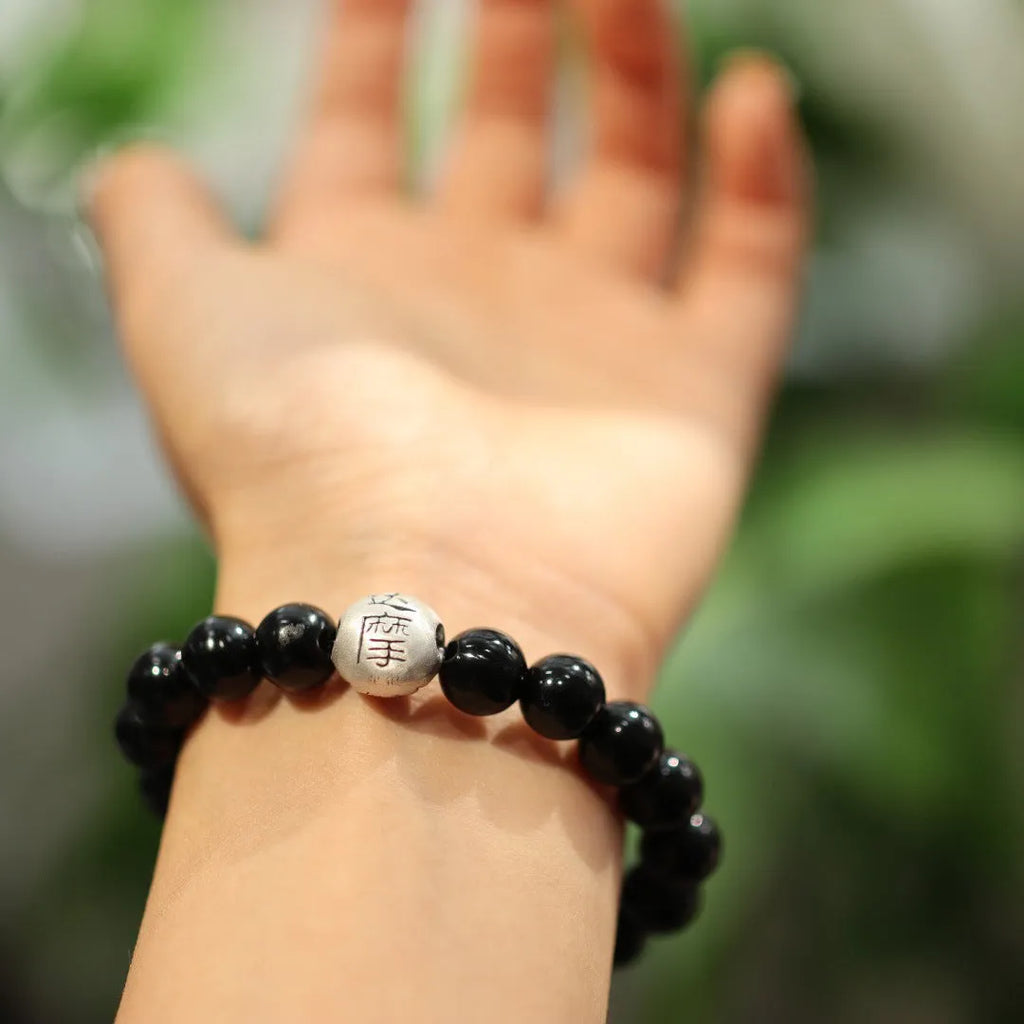 10mm black agate and sterling silver Chinese style bracelet manual construction