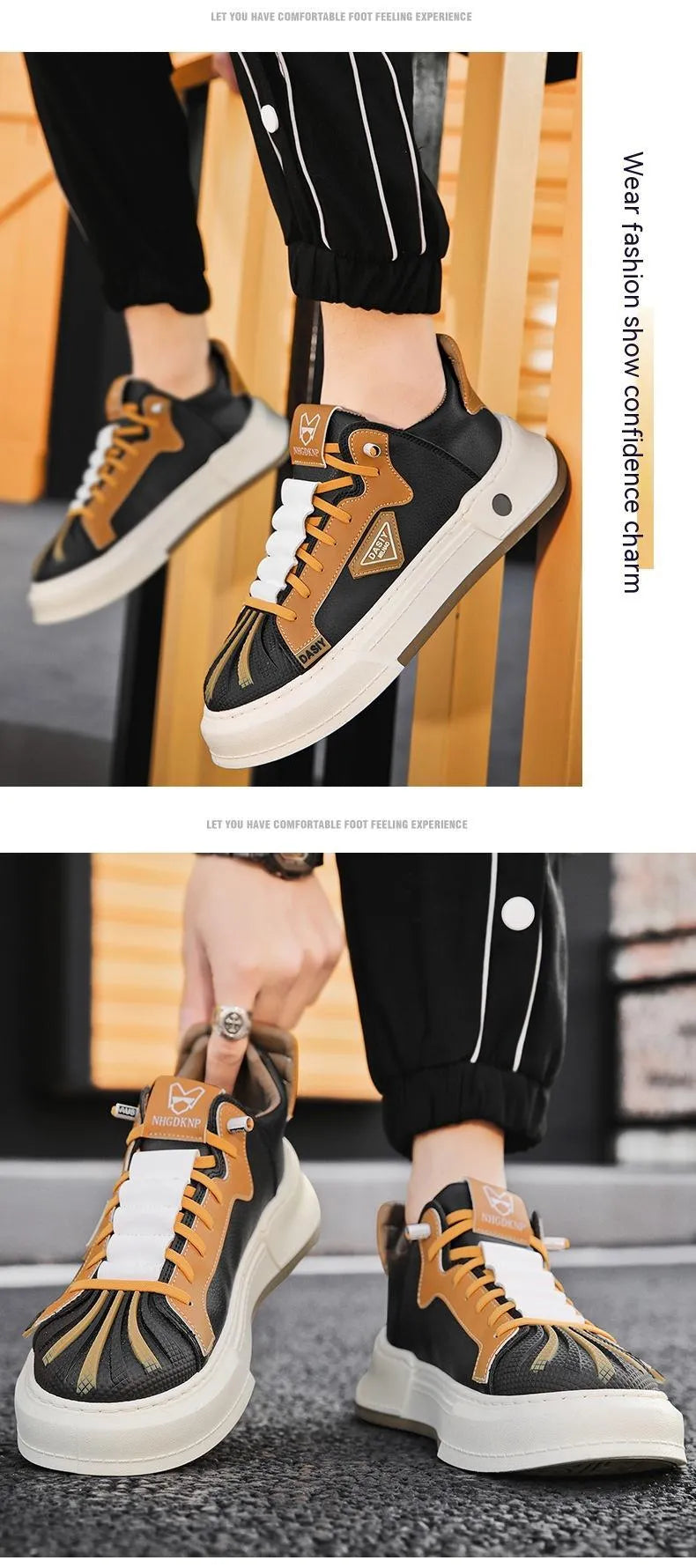 Men's beige low-top sneakers with elastic band closure and leather stitching detailing