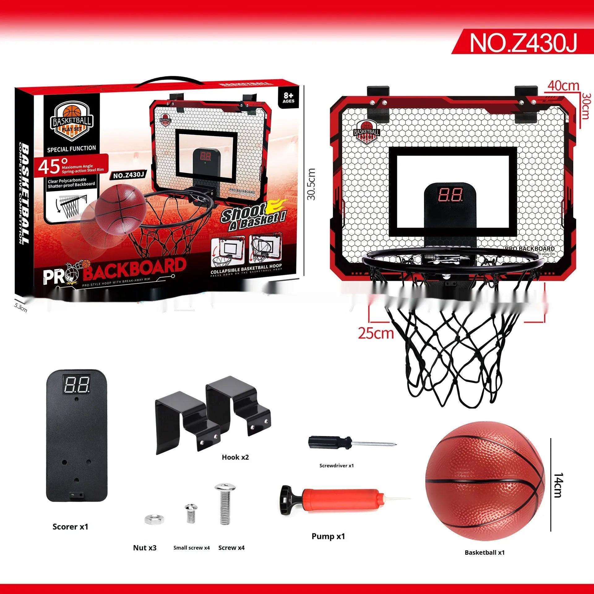 Red foldable indoor basketball hoop with suction cup mount showing dunk scoring and ball rack functions