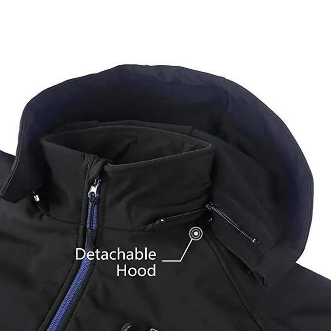 Black men's USB heated waterproof winter coat with straight hem and zipper pockets.