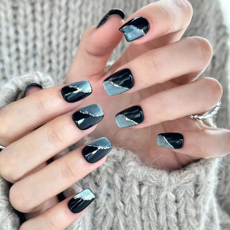 False nails for girls showing short square and coffin shapes in various solid and sparkle colours