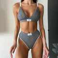 Women's grey polyester bikini set with embroidery decoration and contrast colour binding on shorts-length underwear
