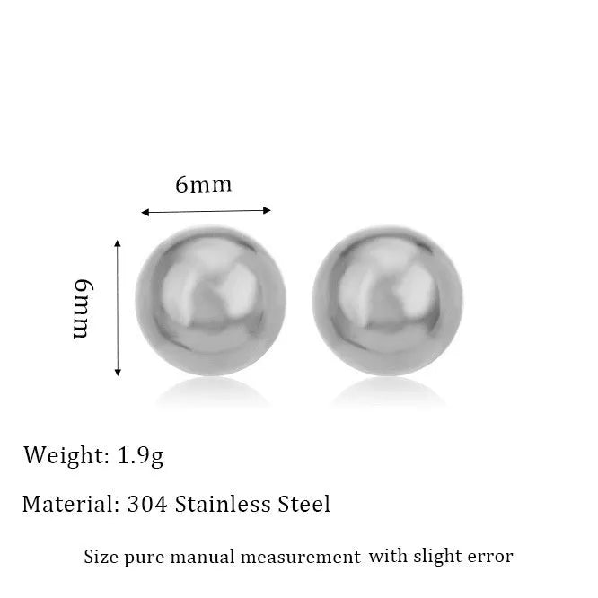 Minimalist stainless steel ball stud earrings in gold and silver tones, showing 3mm 4mm 5mm 6mm size difference.