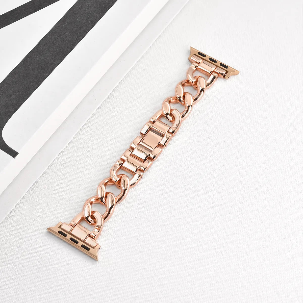 Denim-style cuff metal chain link Apple Watch replacement strap in silver, black, gold, rose gold, starlight.