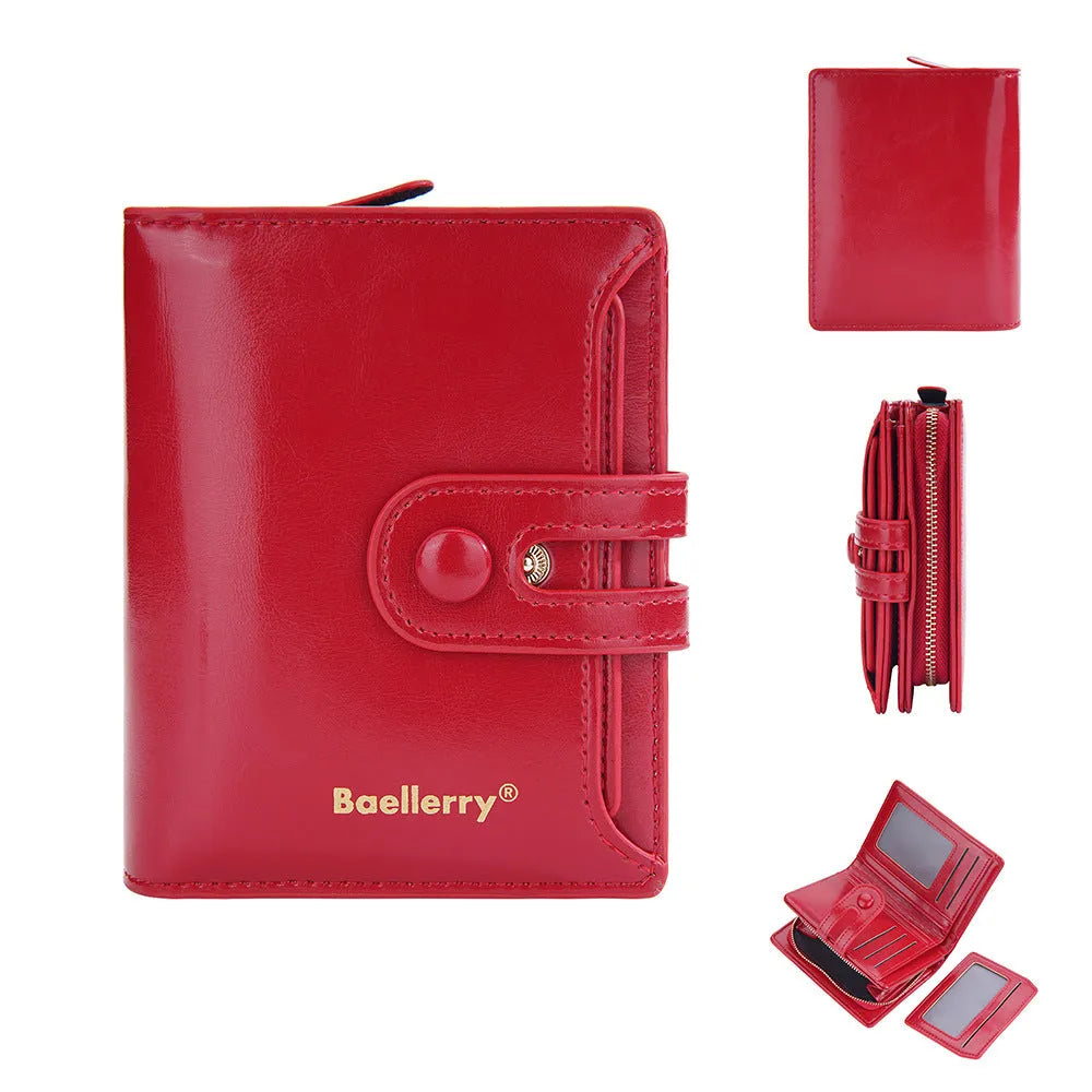 Women's PU leather card holder wallet shown in available colours: black, white, blue, red, green, brown, pink, orange.