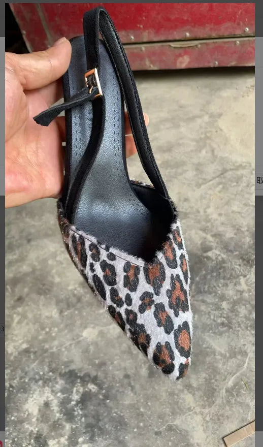 Women's pointed toe suede sandals in leopard print colour on size chart