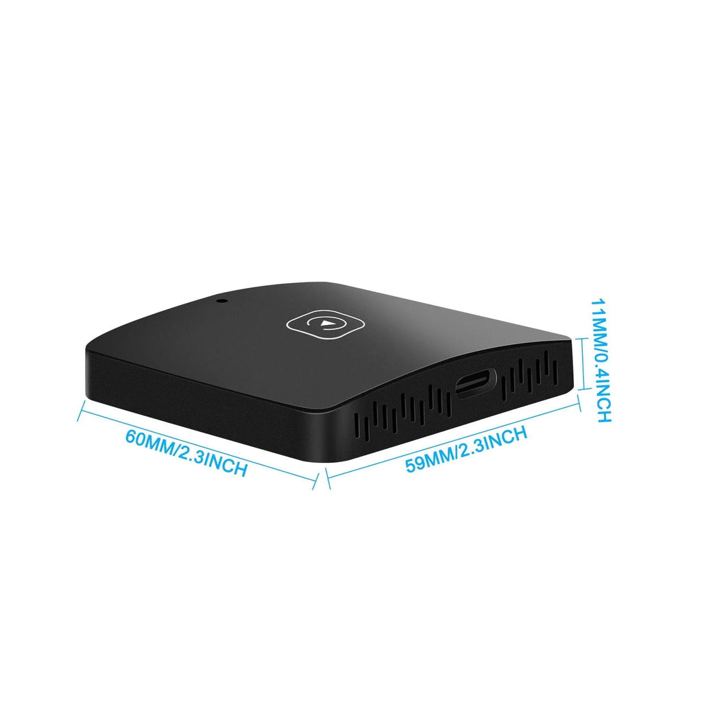Black wireless CarPlay adapter module with cables for converting wired CarPlay to wireless connectivity