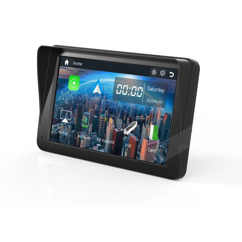 7-inch portable car smart display with retractable mount on a car dashboard showing navigation