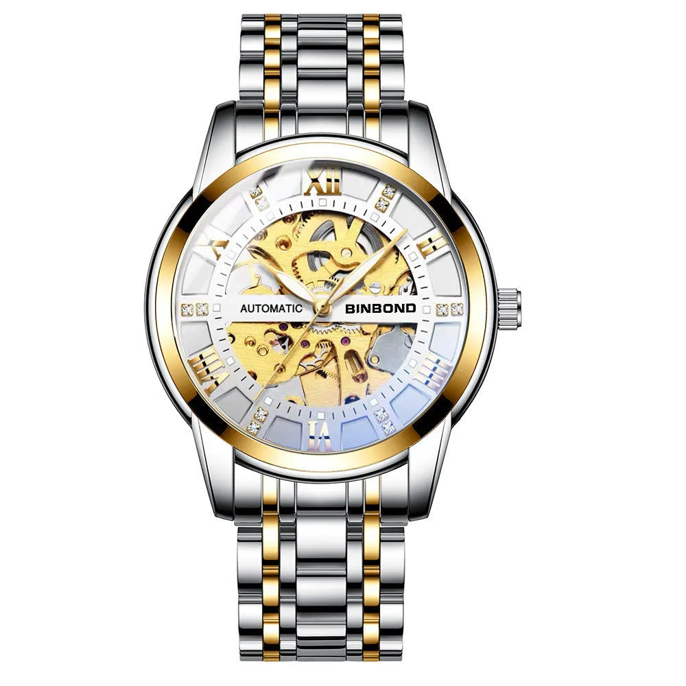 Men's automatic mechanical watch with luminous display metal case black steel black surface
