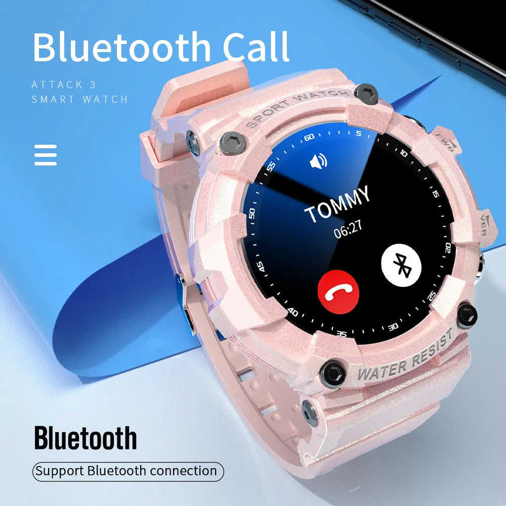 ATTACK 3 IP67 waterproof smart Bluetooth sports watch in black, pink, or white with round dial and health monitoring features