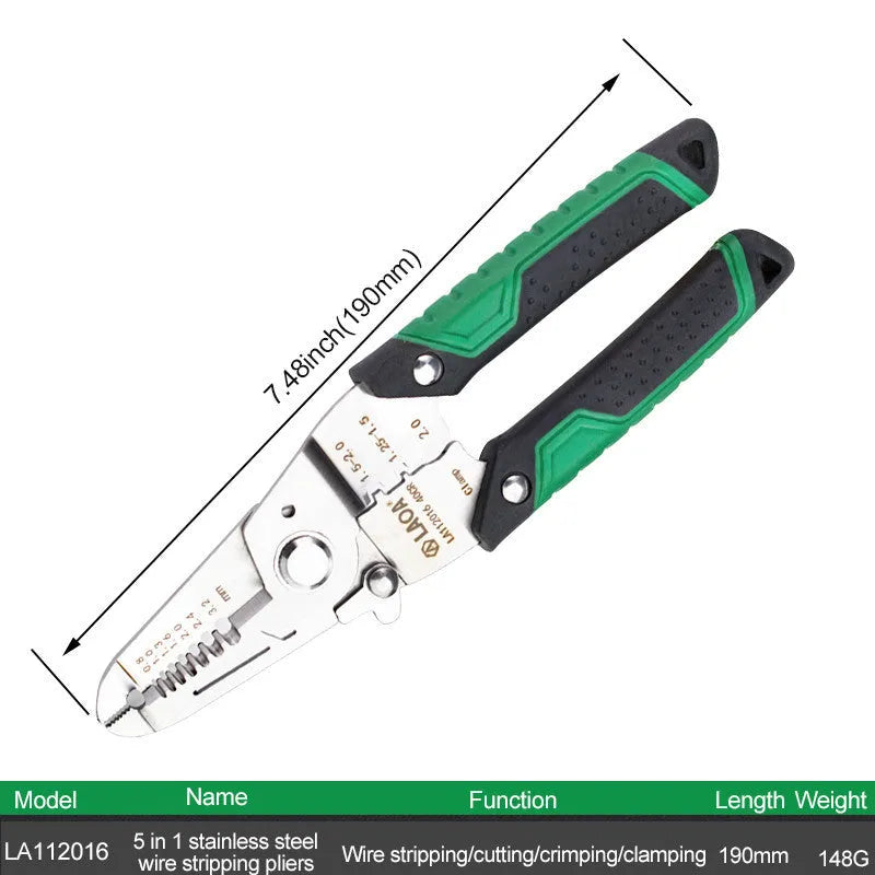 Stainless steel 7-in-1 wire stripper tool with two-colour ABS handle for electrical and mechanical work.