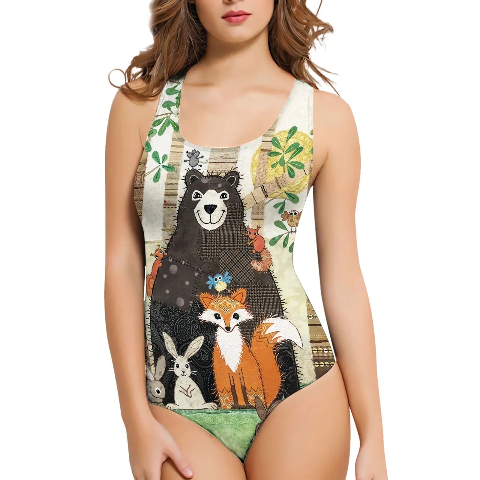 Women's one-piece swimsuit featuring 3D printed sunflower and butterfly patterns in polyester fabric