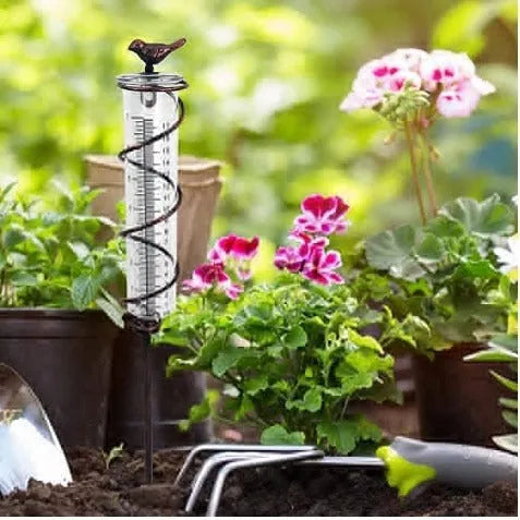Cast iron garden hyetometer with glass rain gauge showing hummingbird design and measurement scale