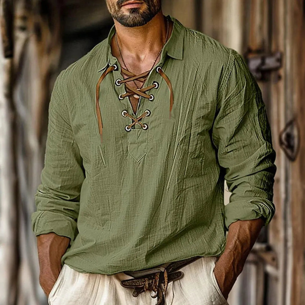 Men's plus size loose linen shirt with lapels and lace detailing on long sleeves.