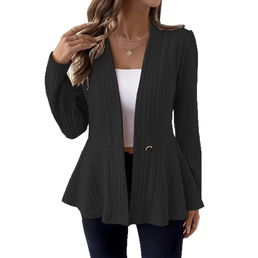 Women's apricot jacquard knitted cardigan with one button front and long sleeves