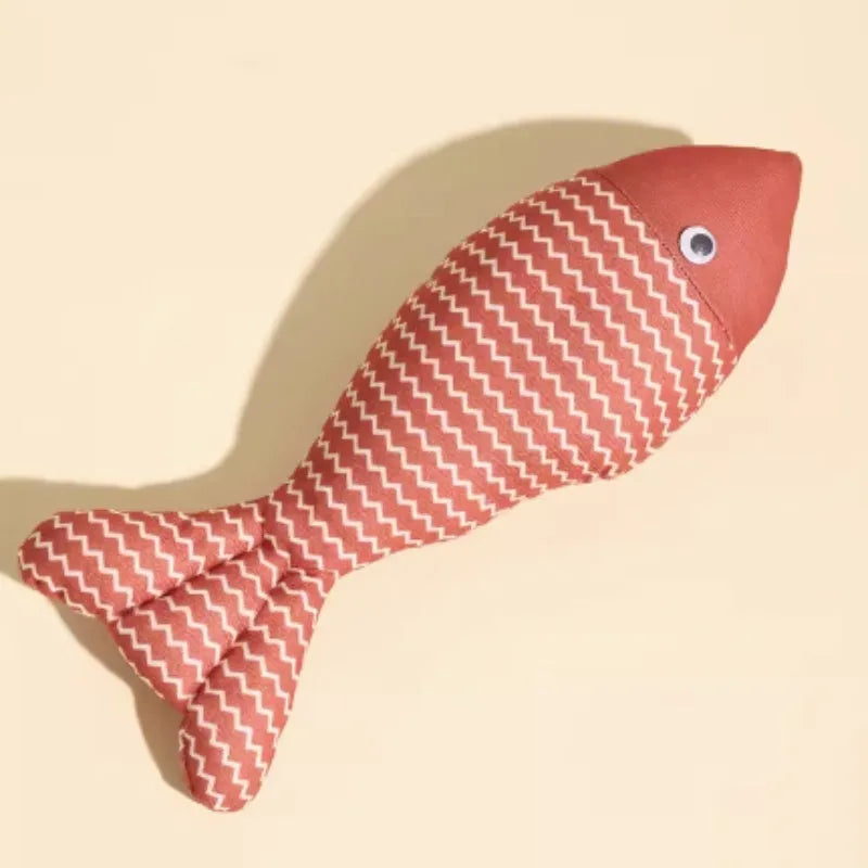 Catnip stuffed fish toy for cats in blue, red and yellow colour options showing large and medium size comparison