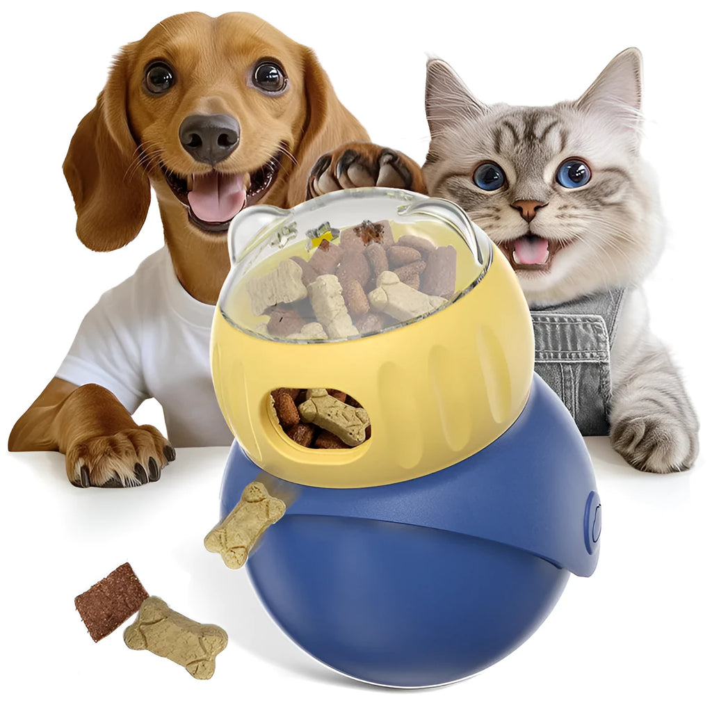 Yellow and blue plastic Tumbler Owl cat puzzle feeder toy for slow feeding