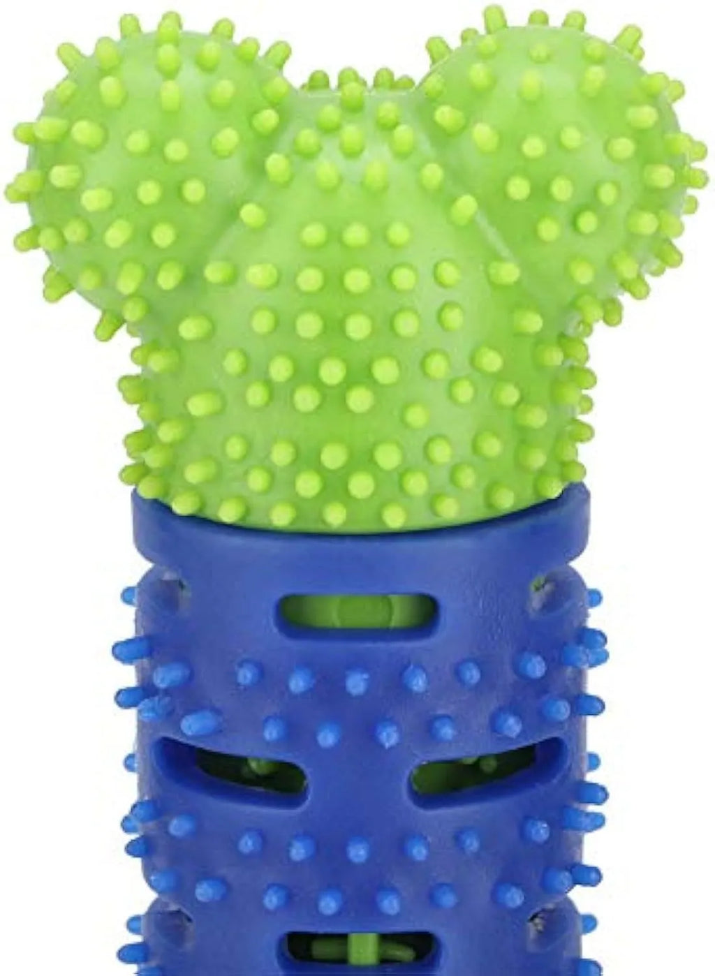 Blue green silicone dog dental toy with brush head design and massage nodules for teeth cleaning