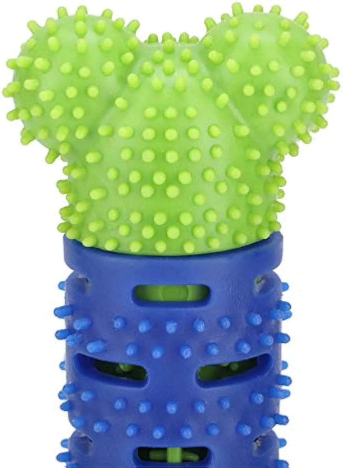 Blue green silicone dog dental toy with brush head design and massage nodules for teeth cleaning
