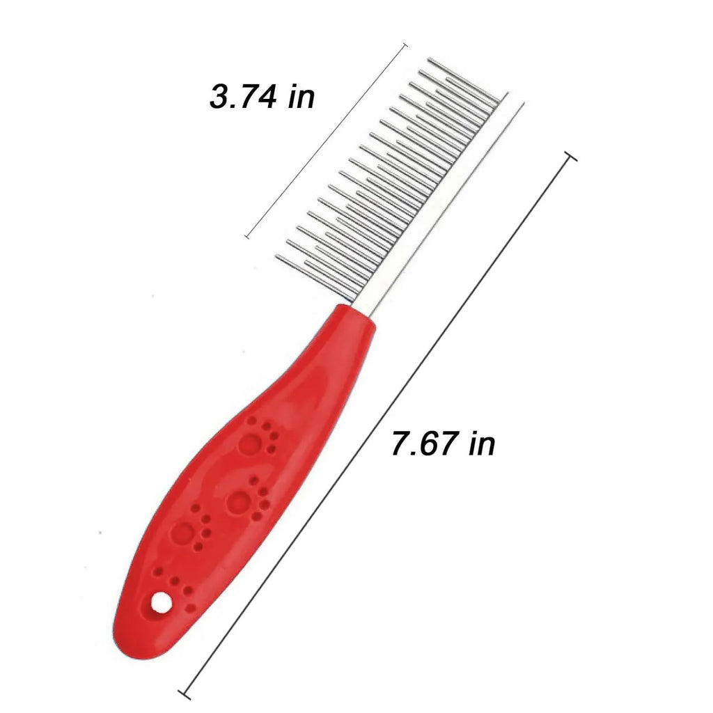Red plastic handle pet grooming comb with rows of short and long stainless steel teeth