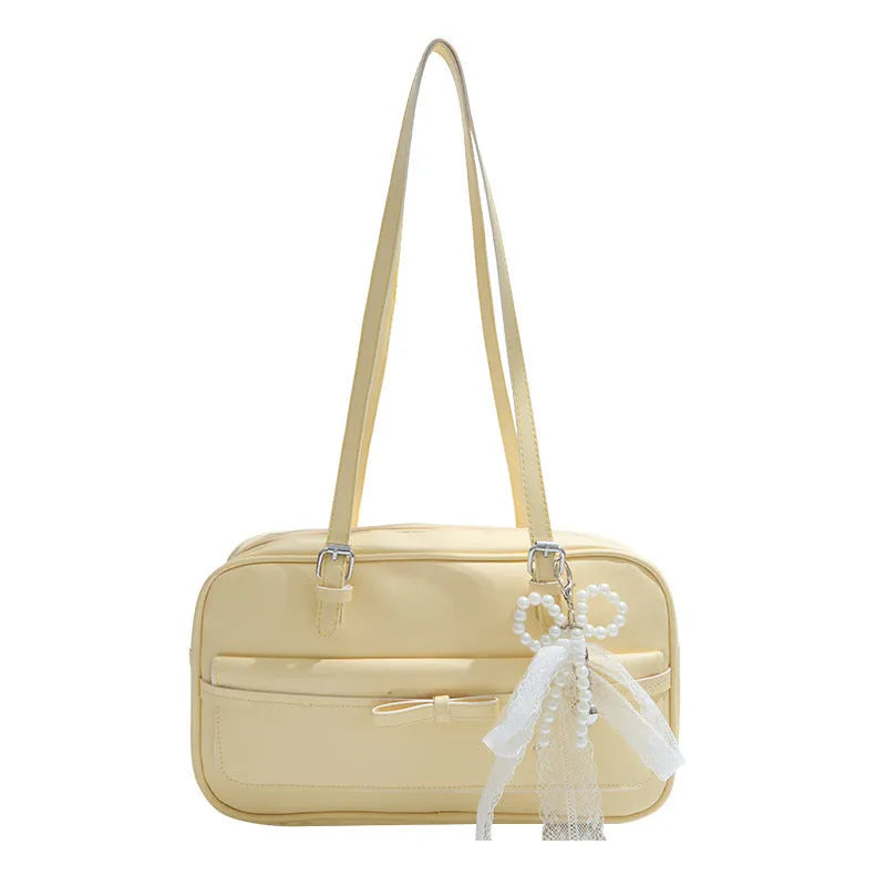 Women's black PU leather single-shoulder flap bag with a phone pocket and double-joint straps.